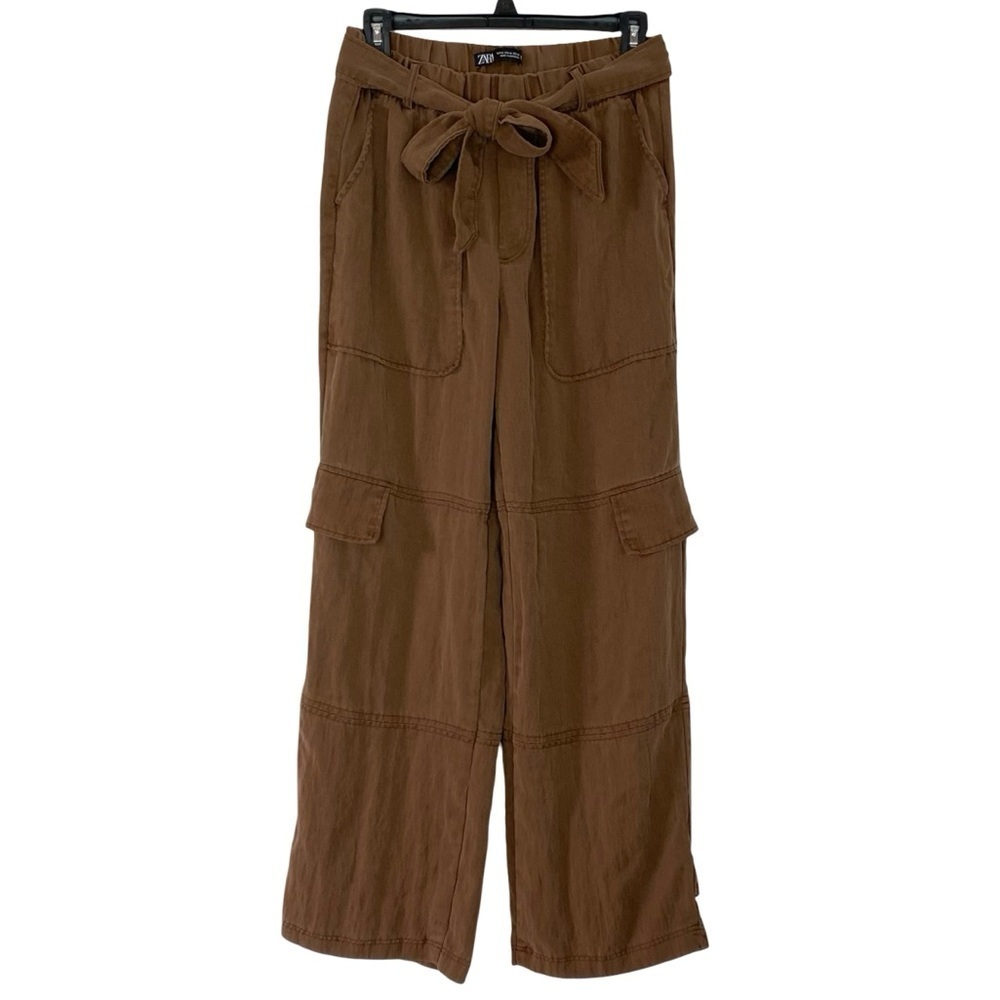 Zara Elastic Waist Cargo Pants Womens Size Medium Brown Straight Wide Leg Comfy
